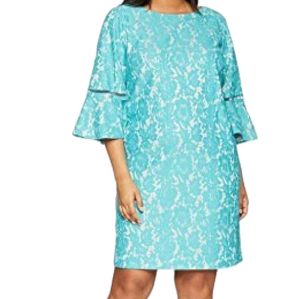 Jessica Howard Size 22W Aqua Blue Ruffle Bell Sleeve Sheath